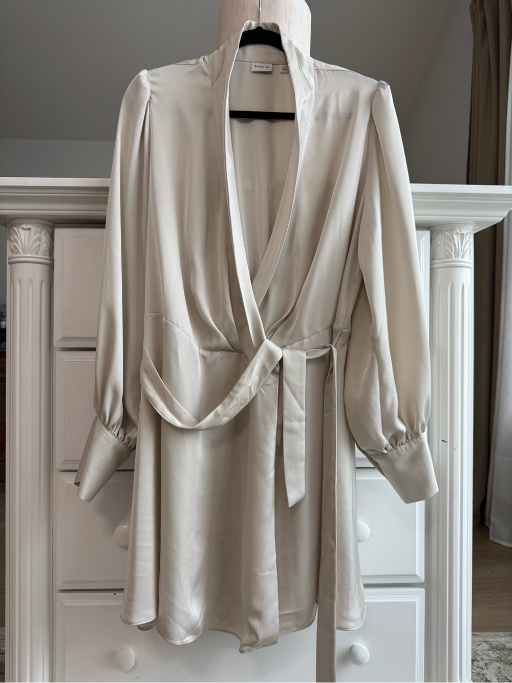Babaton Satin Wrap Mini Dress in Light Cream